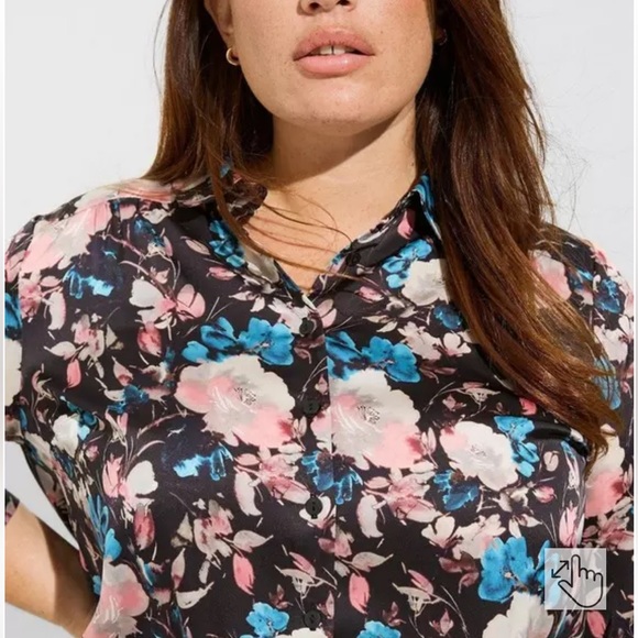 TORRID Madison Long Sleeve Floral Satin Black Button Up Shirt size 1 (14-16) - Picture 3 of 11